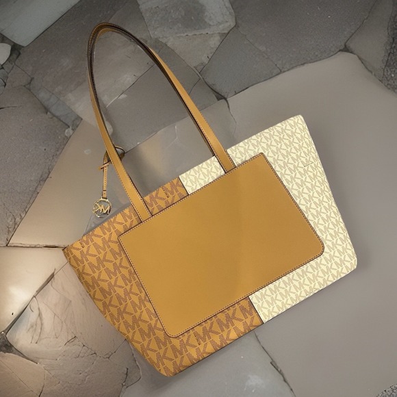 Michael Kors Jet Set Tote Bag Two-Tone MK Signature Logo Shoulder Bag Medium - Picture 5 of 16